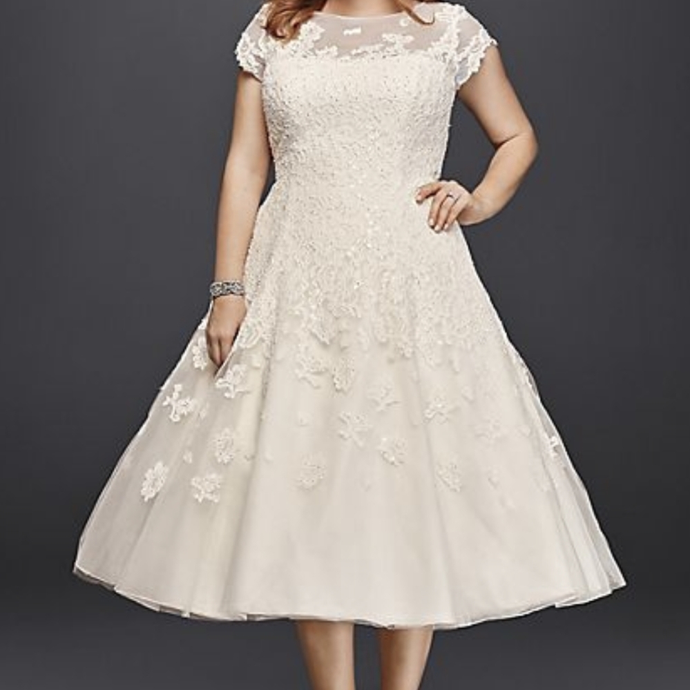 OLEG CASSINI CAP SLEEVE TEA LENGTH WEDDING DRESS
8